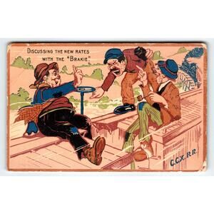 Hobos ON CCX RR Railroad Train Discussing New Rates Brakie Comical Postcard 1911